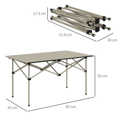 Outsunny Portable Folding Camping Table w/ Roll Up Aluminium Top Carry Bag Khaki - 3
