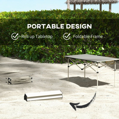Outsunny Portable Folding Camping Table w/ Roll Up Aluminium Top Carry Bag Khaki - 4