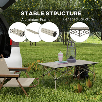 Outsunny Portable Folding Camping Table w/ Roll Up Aluminium Top Carry Bag Khaki - 5