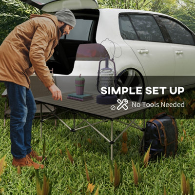 Outsunny Portable Folding Camping Table w/ Roll Up Aluminium Top Carry Bag Khaki - 6