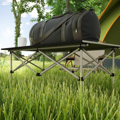 Outsunny Portable Folding Camping Table w/ Roll Up Aluminium Top Carry Bag Khaki