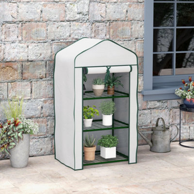 Outsunny Portable Mini Greenhouse with Roll-up Door and Wire Shelves, White