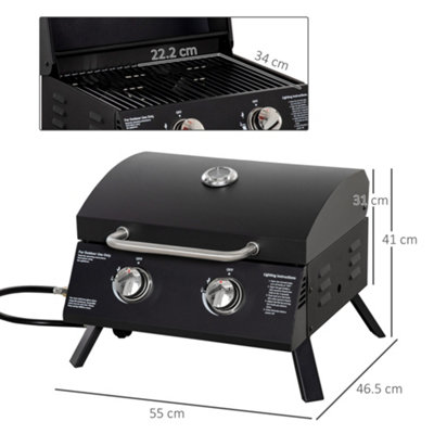 Outsunny Portable Tabletop Gas BBQ Grill Barbecue w/ 2 Burner Lid Thermometer