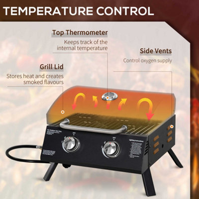 Outsunny Portable Tabletop Gas BBQ Grill Barbecue w/ 2 Burner Lid Thermometer - 6