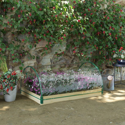 Outsunny Raised Bed with Greenhouse, Wooden Garden Planter Box with PVC Cover, Roll Up Windows, Dual Use, Natural Wood Effect