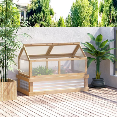 Outsunny Raised Garden Bed with Greenhouse Wooden Cold Frame Natural