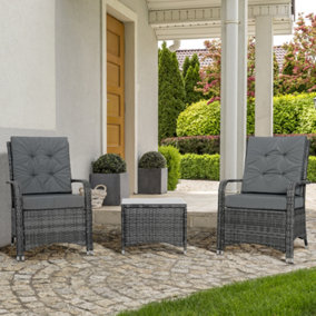 Outsunny Rattan 3PCs Chair Table Bistro Set Patio Set w/ Steel Frame Grey