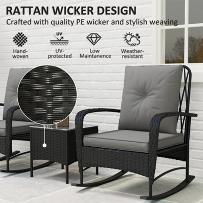 Outsunny Rattan Bistro Set Balcony Furniture with Rocking Chairs, Black