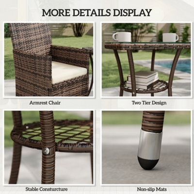 Outsunny Rattan Bistro Set Garden Chair Table Patio Outdoor, Brown