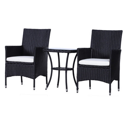 Outsunny Rattan Bistro Set Garden Chair Table Patio Outdoor Cushion Conservatory Black