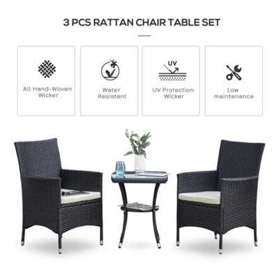 Outsunny Rattan Bistro Set Garden Chair Table Patio Outdoor Cushion Conservatory Black