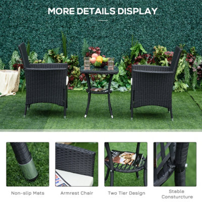 Outsunny Rattan Bistro Set Garden Chair Table Patio Outdoor Cushion Conservatory Black - 6