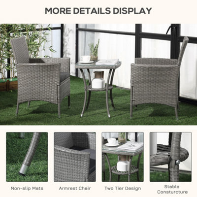 Outsunny Rattan Bistro Set Garden Chair Table Patio Outdoor Cushion Conservatory Light Grey - 5
