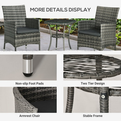 Outsunny Rattan Bistro Set Garden Chair Table Patio Outdoor Cushion Conservatory Mixed Grey - 5