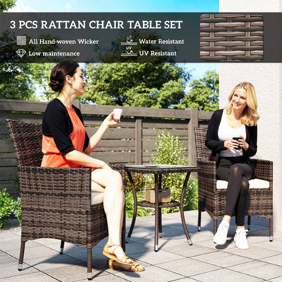 Outsunny Rattan Bistro Set Garden Chair Table Patio Outdoor Cushion Conservatory - 4