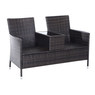 Outsunny Rattan Chair Garden Furniture Patio Companion Love Seat Table Brown - 9