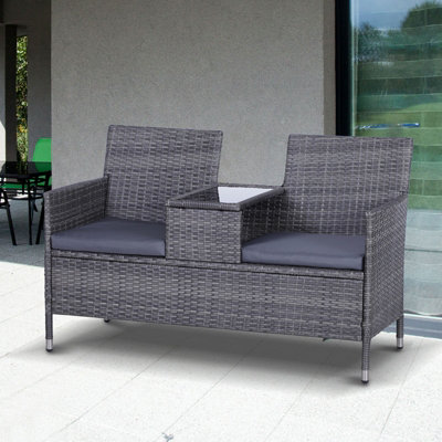 Outsunny Rattan Chair Garden Furniture Patio Companion Love Seat Table Grey - 5