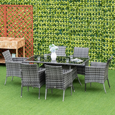 Outsunny Rattan Dining Set for 6 with Cushions, Glass Top Table, Grey