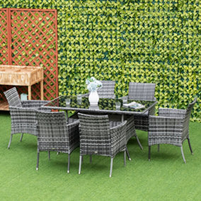 Outsunny Rattan Dining Set for 6 with Cushions, Glass Top Table, Grey