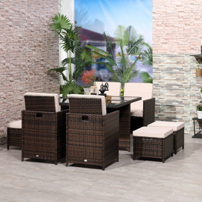 Outsunny Rattan Dining Set Garden Furniture Cube Table Chair Stool Cushion  Seat Brown DIY at BQ