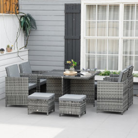 Outsunny Rattan Dining Set Garden Furniture Cube Table Chair Stool Cushion Seat Grey