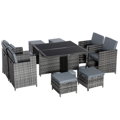 Outsunny Rattan Dining Set Garden Furniture Cube Table Chair Stool Cushion Seat Grey