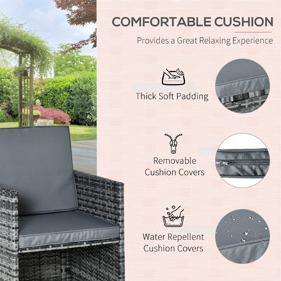 Outsunny Rattan Dining Set Garden Furniture Cube Table Chair Stool Cushion Seat Grey - 6