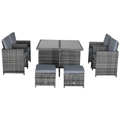 Outsunny Rattan Dining Set Garden Furniture Cube Table Chair Stool Cushion Seat Grey - 8