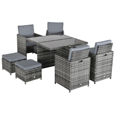 Outsunny Rattan Dining Set Garden Furniture Cube Table Chair Stool Cushion Seat Grey - 9