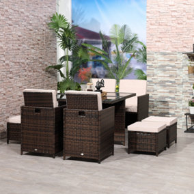 Outsunny Rattan Dining Set Garden Furniture Cube Table Chair Stool Cushion Seat