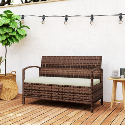 Outsunny Rattan Garden Bench w/ 125L Storage, Cushioned Outdoor Bench ...
