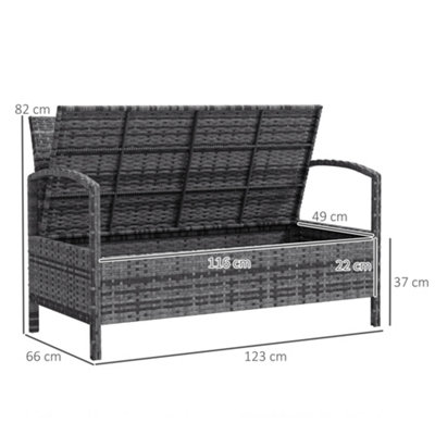 Outsunny Rattan Garden Bench w/ 125L Storage, Cushioned Outdoor Bench, Grey