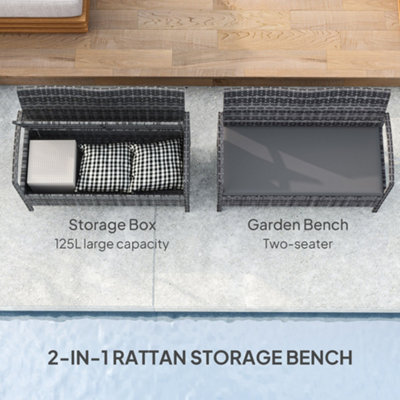 Outsunny Rattan Garden Bench w/ 125L Storage, Cushioned Outdoor Bench, Grey