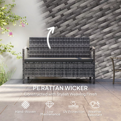 Outsunny Rattan Garden Bench w/ 125L Storage, Cushioned Outdoor Bench, Grey