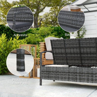Outsunny Rattan Garden Bench w/ 125L Storage, Cushioned Outdoor Bench, Grey