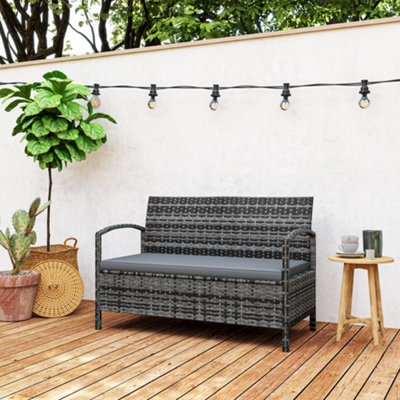 Outsunny Rattan Garden Bench w/ 125L Storage, Cushioned Outdoor Bench, Grey