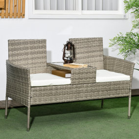 Outsunny Rattan Garden Bench w/ Glass Tea Table, Wicker Chair w/ Cushions, Grey