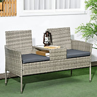 Outsunny Rattan Garden Bench w/ Glass Tea Table, Wicker Chair w/ Cushions Grey