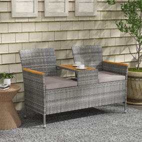 Outsunny Rattan Garden Bench w/ Wood Top Table, Wicker Chair w/ Cushions, Grey