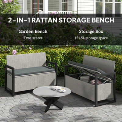 Outsunny Rattan Garden Bench with Storage, Inner Bag, 151.5L Outdoor Bench