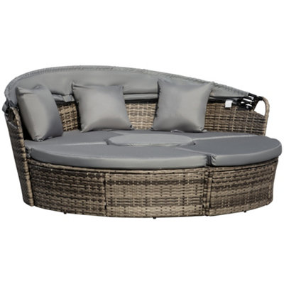 Outsunny Rattan Garden Furniture Cushioned Wicker Round Sofa Bed with Coffee Table Patio Conversation Furniture Set - Grey