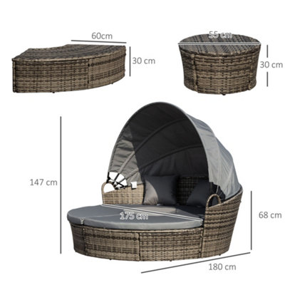 Outsunny Rattan Garden Furniture Cushioned Wicker Round Sofa Bed with Coffee Table Patio Conversation Furniture Set - Grey - 3