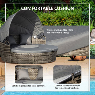 Outsunny Rattan Garden Furniture Cushioned Wicker Round Sofa Bed with Coffee Table Patio Conversation Furniture Set - Grey - 6
