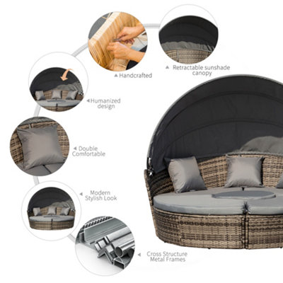 Outsunny Rattan Garden Furniture Cushioned Wicker Round Sofa Bed with Coffee Table Patio Conversation Furniture Set - Grey - 7