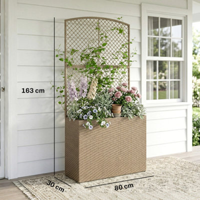 Outsunny Rattan Garden Planter with Trellis and Liner, Light Grey