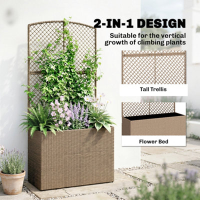 Outsunny Rattan Garden Planter with Trellis and Liner, Light Grey