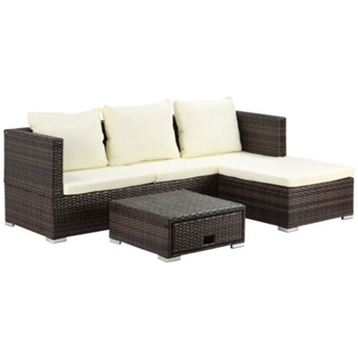 Outsunny Rattan Garden Sofa Set Storage Table Wicker Patio Lounger 4-Seater Brow