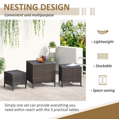 Outsunny Rattan Nesting Table Set Three Piece Stacking Coffee Side Garden