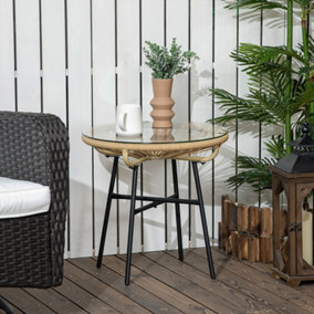Outsunny Rattan Side Table  Round PE Rattan and Tempered Glass Table Top