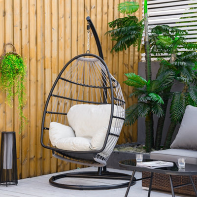 Outsunny Rattan Weave Hanging Egg Chair Folding Design Indoor Outdoor Black DIY at B Q